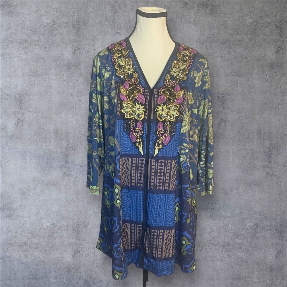 Soft Surroundings Embroidered Beaded Floral‎ Tunic Top Womens 1X Boho Artsy